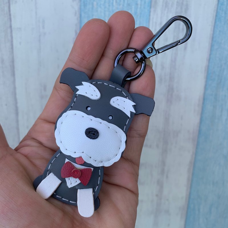 Healing Small Objects Handmade Leather Dark Grey Schnauzer Hand-stitched Keychain Small Size - ที่ห้อยกุญแจ - หนังแท้ สีเทา