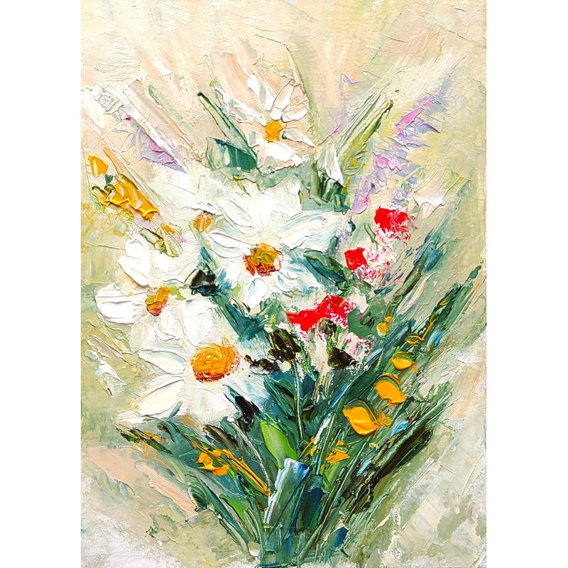 Daisies Bouquet Original Painting Flower Art Floral Impasto Artwork 手工油畫, 油畫原作 - โปสเตอร์ - วัสดุอื่นๆ หลากหลายสี