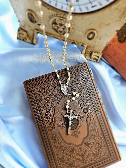 Hale黑爾典藏西洋古董 義大利銀色調聖母基督十字墜子Y型珍珠長項鍊/西洋古董飾品