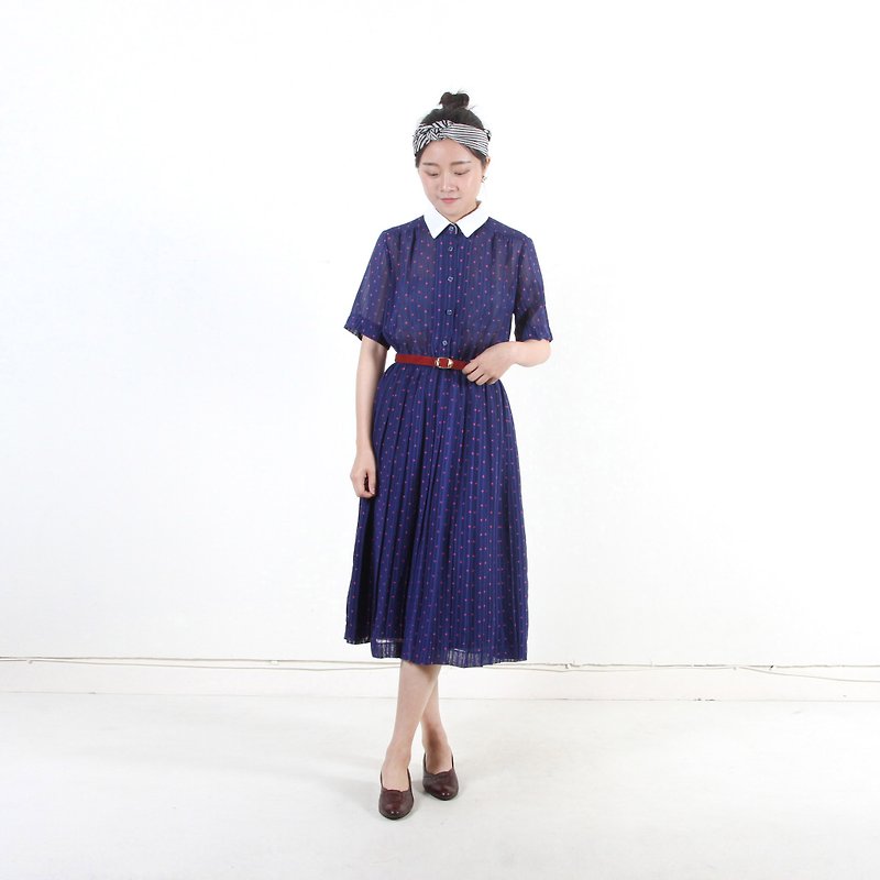 [Egg Plant Vintage]Raspberry Point White Collar Printing Short Sleeve Vintage Dress - One Piece Dresses - Polyester Blue
