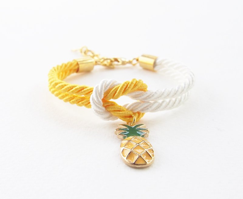 Yellow & white knot bracelet + pineapple charm - Bracelets - Other Materials Yellow