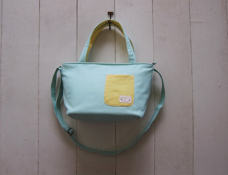 Dachshund zipper open canvas + front pocket tote bag-small + adjustable long strap (light green + light yellow) - Messenger Bags & Sling Bags - Other Materials Multicolor
