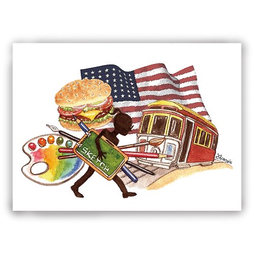 DuDo Shop 土豆屋 手繪插畫萬用卡/卡片/明信片/插畫卡--美國 求學路