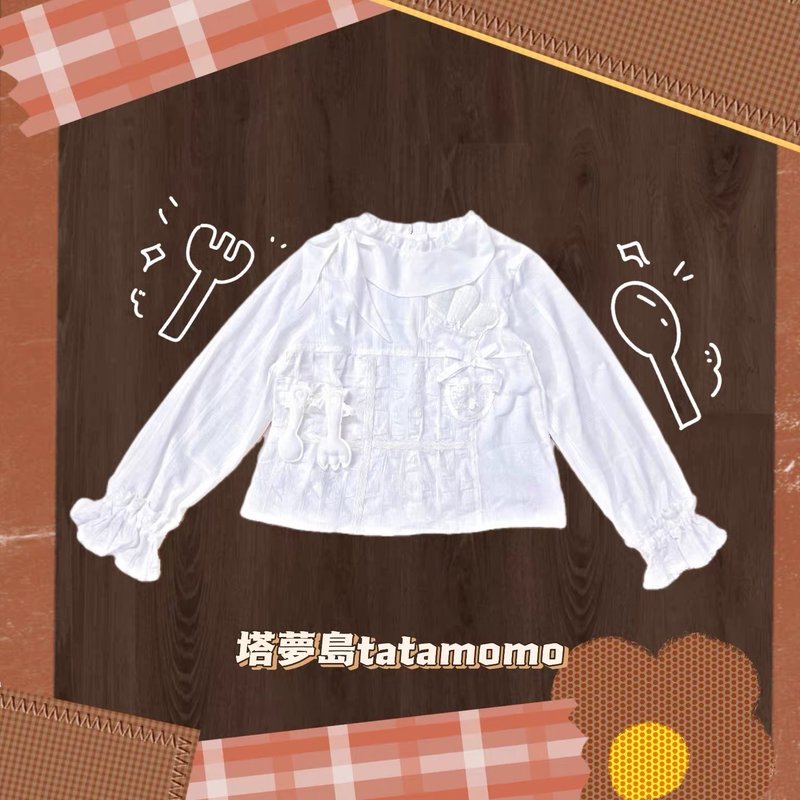廚娘做甜品系列絲巾領口宮廷風衬衫 - 女襯衫 - 棉．麻 白色