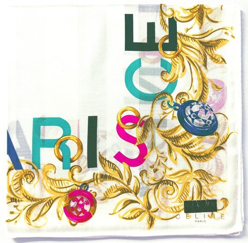 Celine Paris Vintage Scarf Paris Baroque Flowers 19.5 x 19 inches - 手帕 - 棉．麻 白色