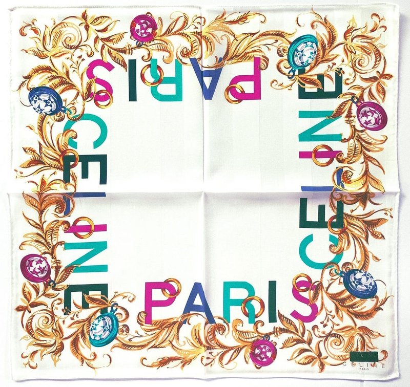 Celine Paris Vintage Scarf Paris Baroque Flowers 19.5 x 19 inches - ผ้าเช็ดหน้า - ผ้าฝ้าย/ผ้าลินิน ขาว