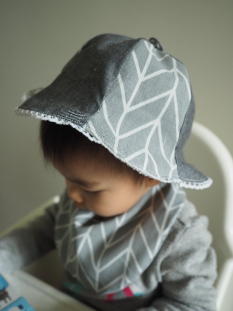 手作北歐簡約風灰色圖案雙面帽子圍兜髮帶套裝 適合嬰兒小童 - 滿月禮物 - 棉．麻 灰色