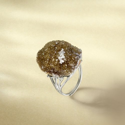 WANZAMGOK 橄欖綠瑪瑙活口戒指 隨形原石標本異象面包款星光手工指環 S925銀