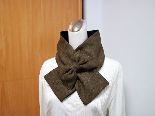 S.K.der手作 咖啡蝴蝶結款 可調式短圍巾.scarf 圍脖雙面雙色 大人.小孩均可用