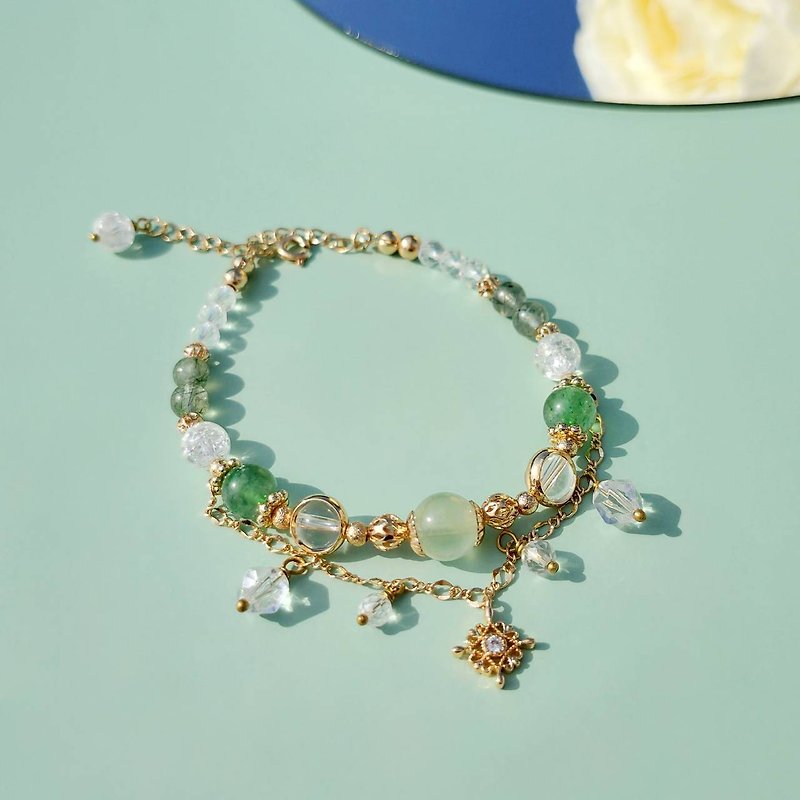 Agarwood shavings. Green strawberry crystal prehnite Stone hair crystal 14K gold-filled crystal ore design bracelet - Bracelets - Crystal Green