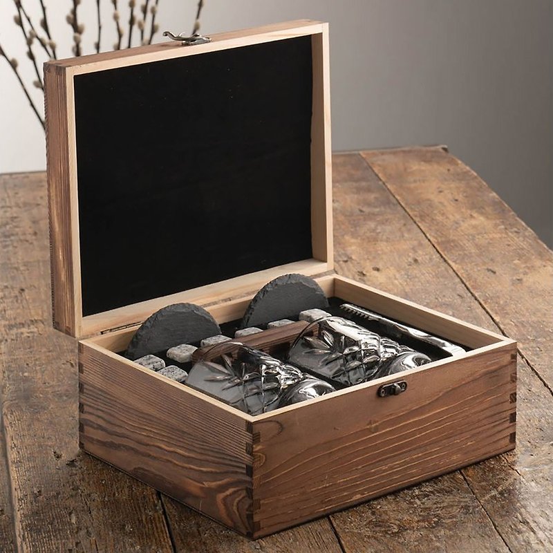 Ireland Galway gray and white granite ice Stone 8-piece wooden box gift box set (4 types of Ocean glasses to choose from) - แก้วไวน์ - หิน สีเทา