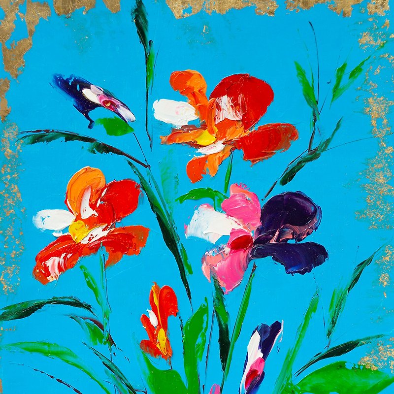 Poppies Painting Flower Original Art Italy Tuscany Wall Art Red Abstract Bouquet - Posters - Other Materials Blue