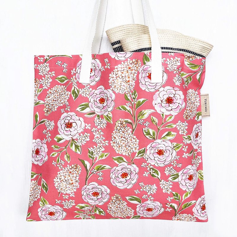 Tote bag Rose and lilac Pink Cotton fabric Handbag - กระเป๋าถือ - ผ้าฝ้าย/ผ้าลินิน สึชมพู