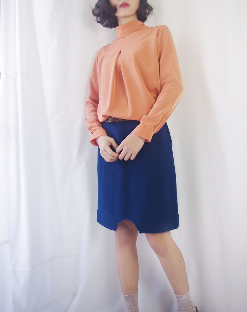 Re style- retro turquoise U open hem skirt narrow skirt - กระโปรง - ขนแกะ สีน้ำเงิน