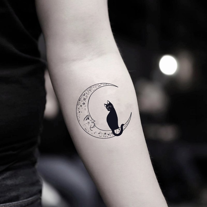 OhMyTat 月亮貓 Cat Moon 刺青圖案紋身貼紙 (2 張) - 紋身貼紙/刺青貼紙 - 紙 黑色