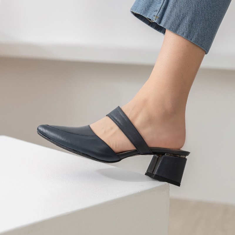 愛蜜莉斜帶穆勒鞋-烟黛藍 - 高跟鞋/跟鞋 - 真皮 藍色