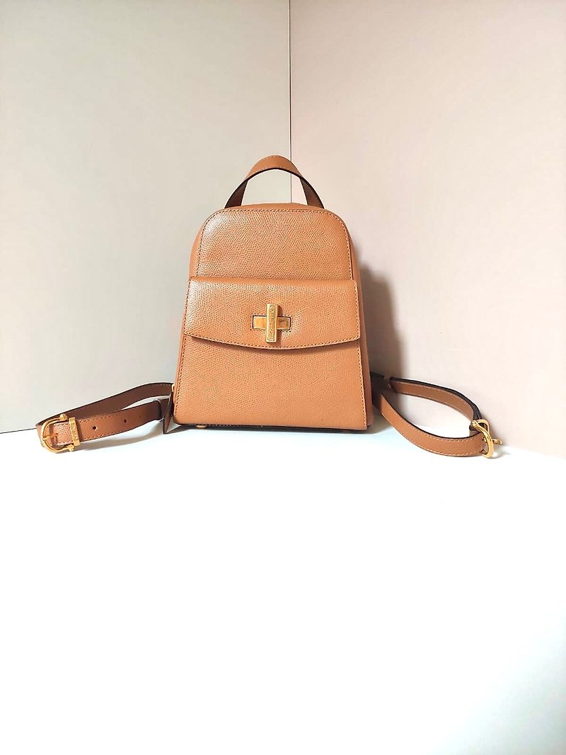 【LA LUNE】Rare second-hand Celine coffee gold leather small backpack bag - Backpacks - Genuine Leather Brown