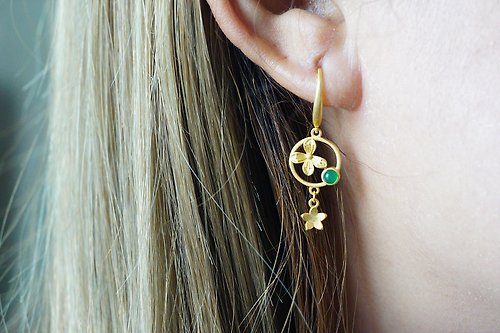 roseandmarry Natural Green Agate Silver 925 Drop Earrings, Flower earrings