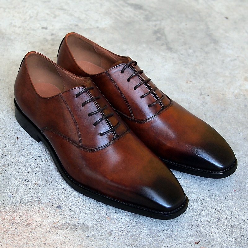 Hand-painted Calfskin Plain Wood Heel Oxford Shoes-Brown-E1A30-80 - Men's Oxford Shoes - Genuine Leather Brown