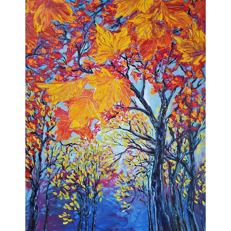 Fall Tree Painting Forest Original Art Autumn Wall Art Impasto Oil Painting - Posters - Other Materials Multicolor