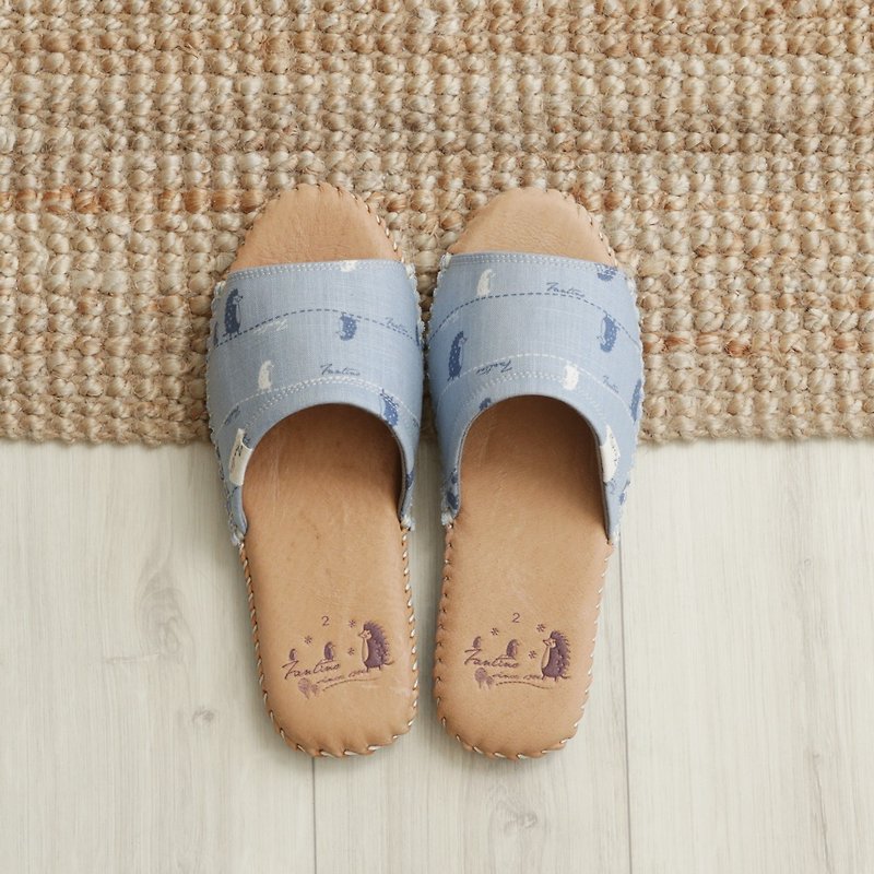 Leather Cloth Flower Indoor Slippers (Walking First Line) Sky Blue / Valentine's Day Gift / Fast Shipping - รองเท้าแตะในบ้าน - หนังแท้ สีน้ำเงิน