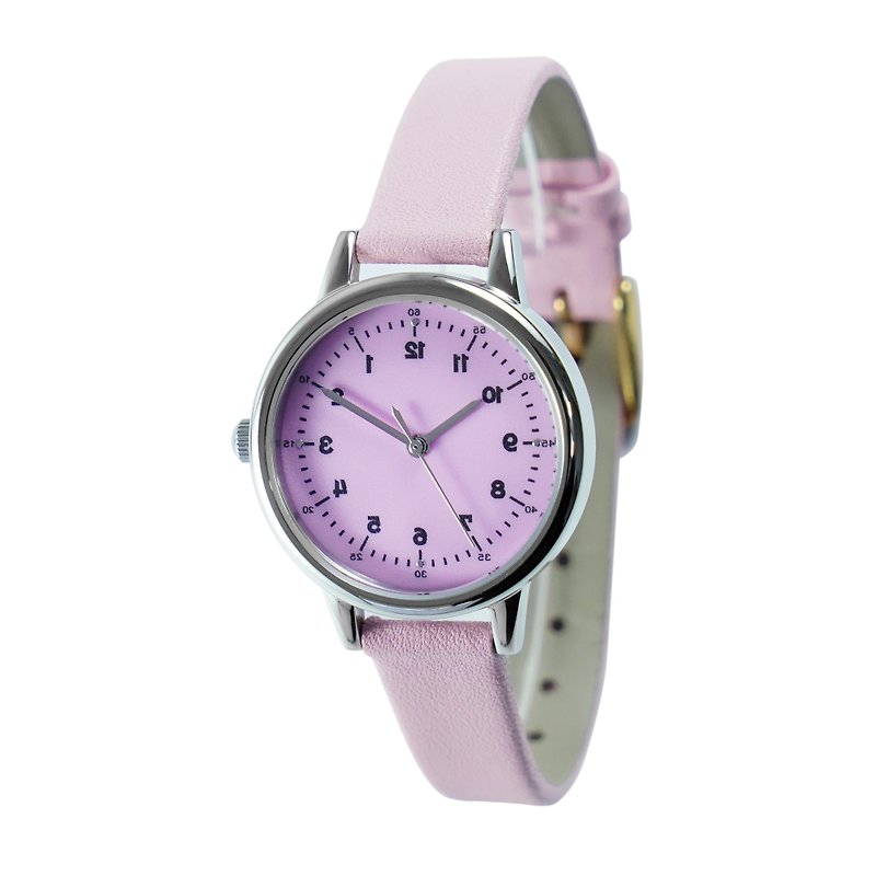 Backwards Ladies Watch Elegant Watch in Pink Strap Free Shipping Worldwide - นาฬิกาผู้หญิง - โลหะ สึชมพู