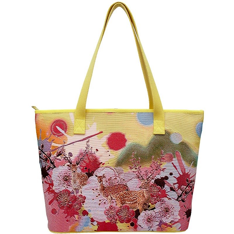 Videos jacquard woven large tote bag Mining rhyme deer yellow - Messenger Bags & Sling Bags - Other Materials 