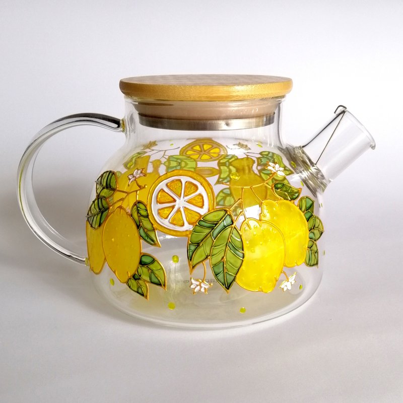 Lemon glass teapot Hand painted Personalised tea pot with infuser Gift for her - ถ้วย - แก้ว สีเหลือง