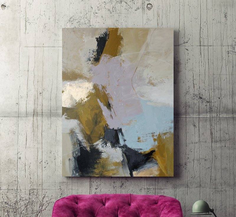 Painting licak blue abstract | Square abstract painting original | Ness 2 - 壁貼/牆壁裝飾 - 棉．麻 咖啡色