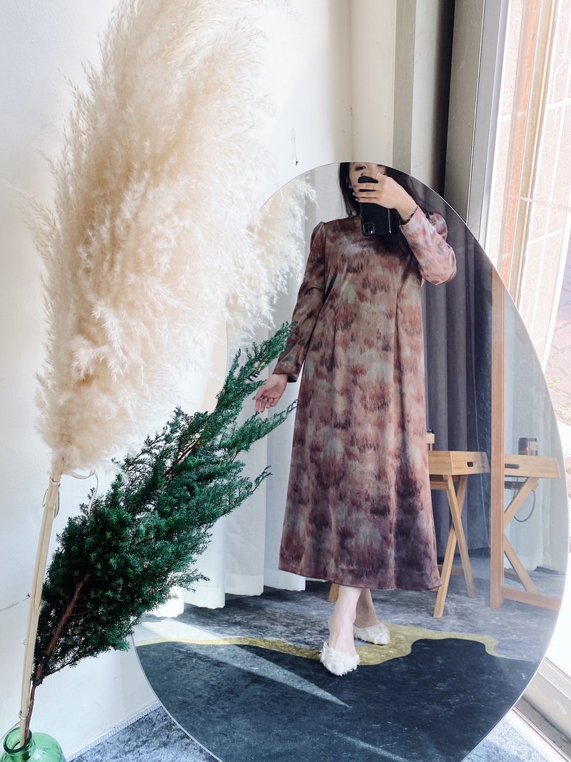 髒粉色雍容亮絨華貴繪雨流星 古董古著連身洋裝裙子連衣裙 dress - 洋裝/連身裙 - 聚酯纖維 多色
