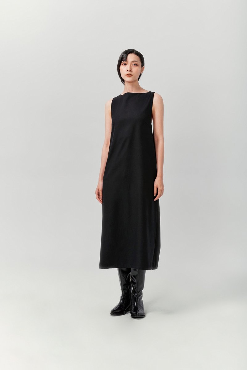 BACK CROSS MIDI DRESS / Back Cross Sleeveless Dress - One Piece Dresses - Cotton & Hemp Black