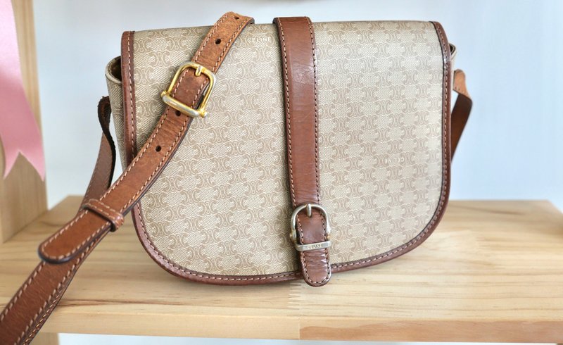 Rare - Vintage Celine Khaki Beige Classic Macadam Monogram Crossbody Bag - Messenger Bags & Sling Bags - Other Materials Khaki