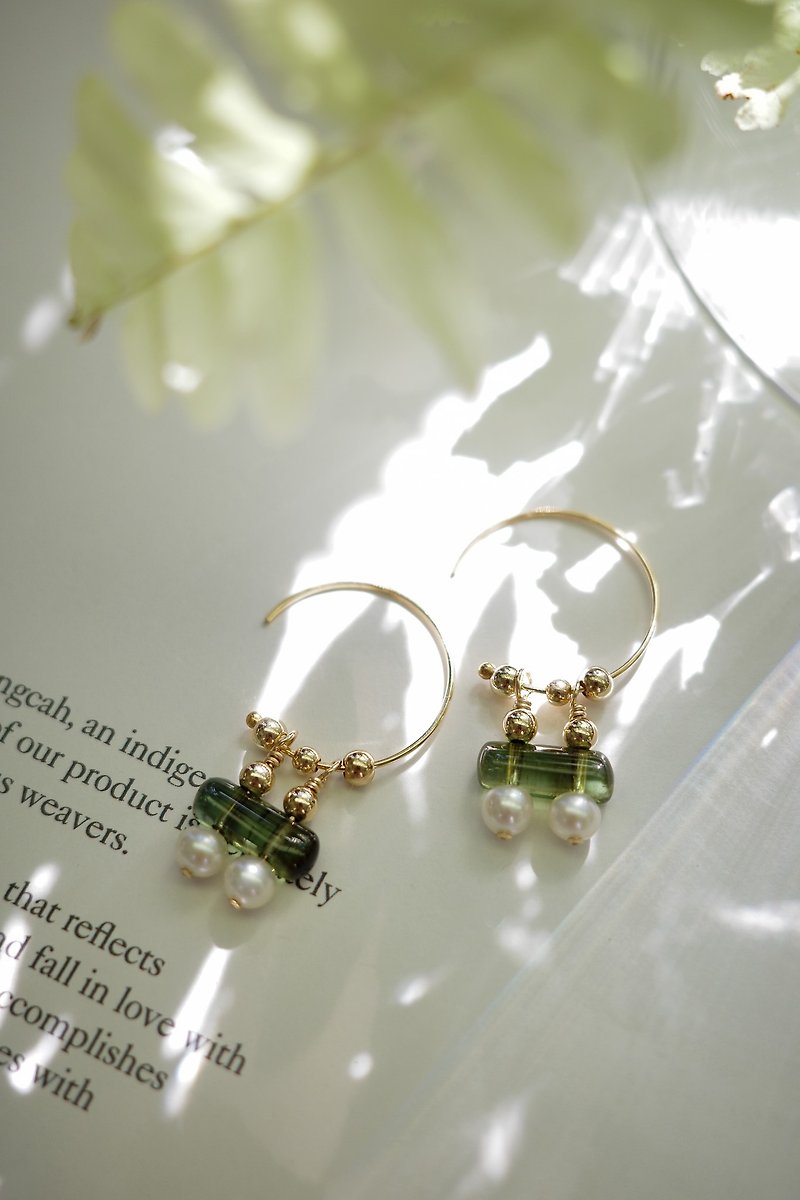 Emerald Tourmaline Pearl Hoop Earrings 14kgf - Earrings & Clip-ons - Gemstone Green