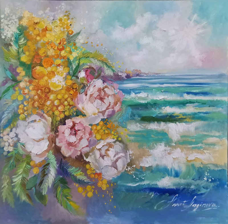 Floral painting with sea, Oean wall art, Flowers original painting, Large painti - ตกแต่งผนัง - วัสดุอื่นๆ สีเหลือง