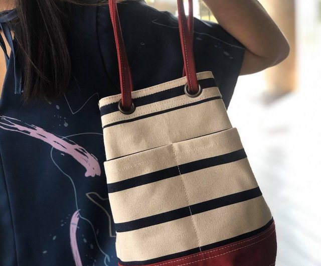 Canvas Bucket Bag with Leather Straps