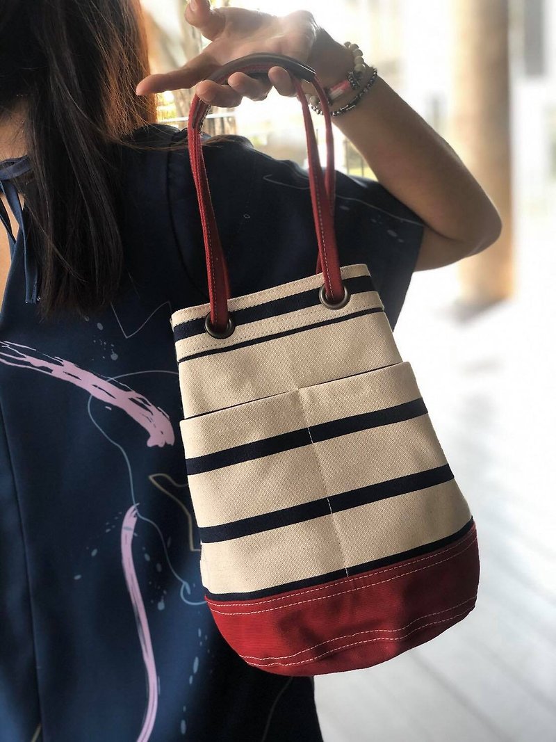 Mini Red Stripe Canvas Bucket Bag with strap /Leather Handles /Daily use - 手提包/手提袋 - 棉．麻 紅色