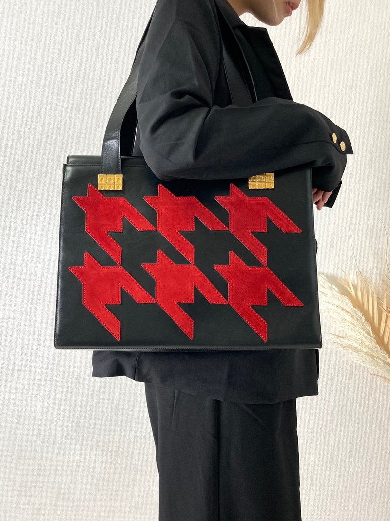 【 日本直送　名牌中古包 】CELINE セリーヌ 凱旋門 ハウンドトゥース レザー スエード トートバッグ ブラック レッド vintage tcaxbv - 手提包/手提袋 - 真皮 黑色