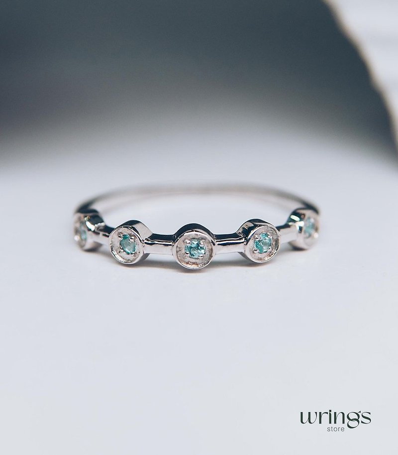 Five Natural Blue Topazes Trendy Dot Silver Promise Ring for Women - แหวนทั่วไป - เงิน 