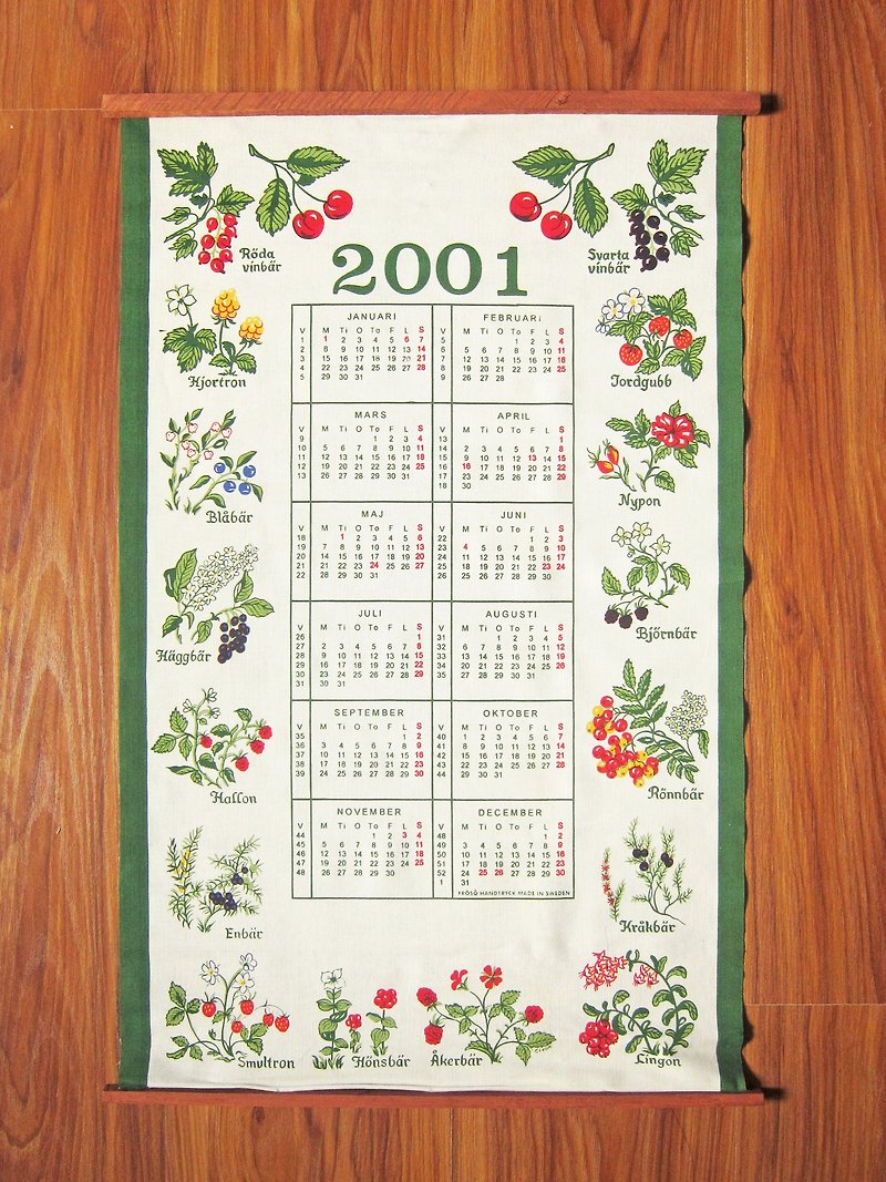 2001 Sweden common flower berry calendar kitchen cloth - Other - Cotton & Hemp Green