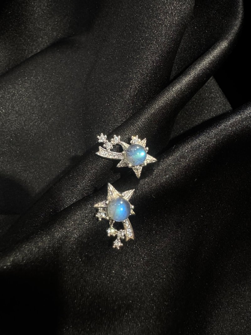 S925純銀 星星 耳環 拉長石 耳環 耳針 光譜石 耳環 - 耳環/耳夾/耳骨夾 - 半寶石 藍色