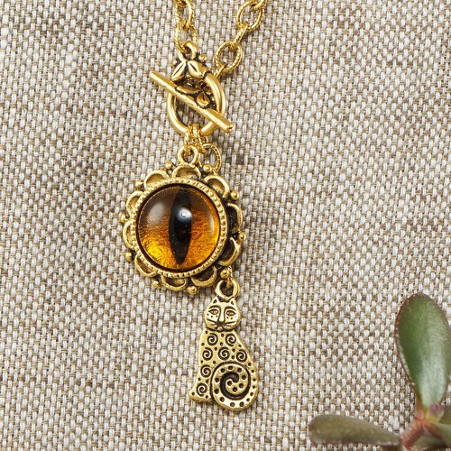 AGATIX Orange Yellow Glass Cat Eye Evil Eye Gold Cat Kitten Protection Necklace Jewelry