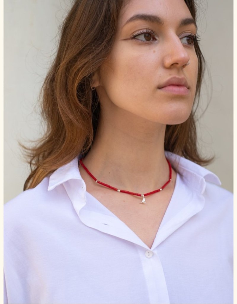 Necklace from burgundy coral, silver bird - Collar Necklaces - Semi-Precious Stones Red