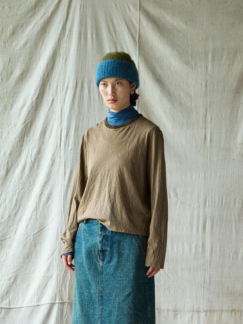 日系復古 棉毛混紡針織T恤 植物染上衣 - 女上衣/長袖上衣 - 其他材質 