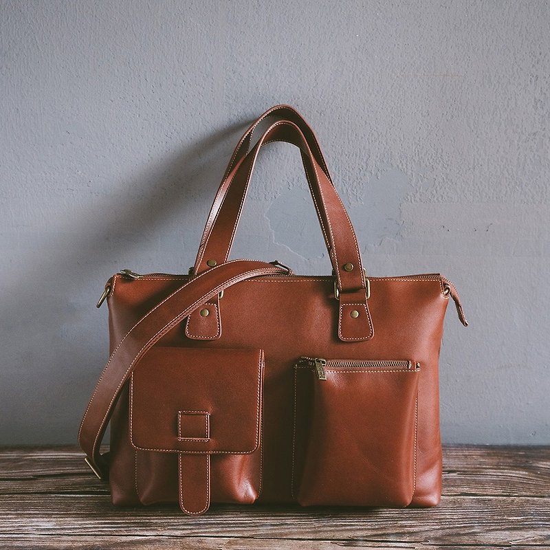 Genuine leather vintage handbag/brief bag X-322 red Brown V - กระเป๋าเอกสาร - หนังแท้ สีแดง