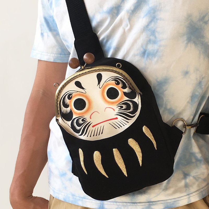 Japanese Daruma Shoulder Bag | Canvas | Black | Clasp Closure - Bold & Expressiv - Messenger Bags & Sling Bags - Cotton & Hemp Black