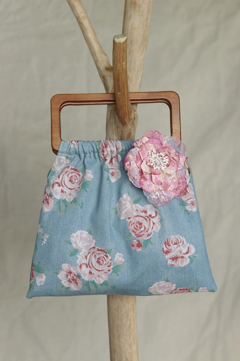 Retro flower portable wooden handle bag handmade cloth bag - Handbags & Totes - Other Materials 