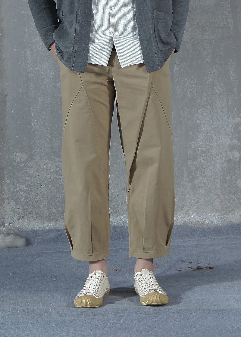 Panelled Pleated Chino - กางเกงขายาว - ผ้าฝ้าย/ผ้าลินิน สีกากี
