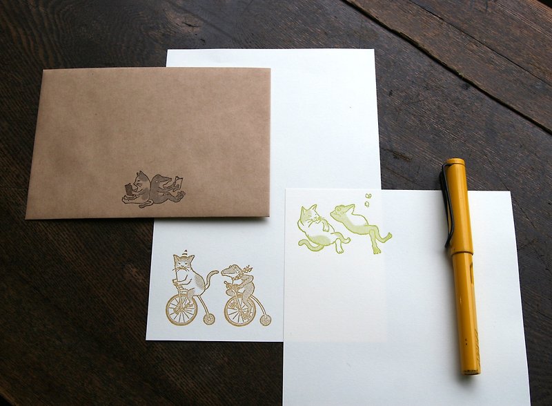 猫とカエルのレターセット　活版印刷 - 信封/信紙 - 紙 白色