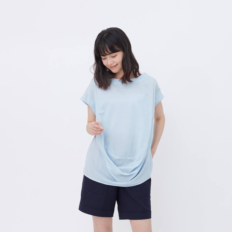 Hayla Puff hem wide-neck top/Light blue - เสื้อผู้หญิง - ผ้าฝ้าย/ผ้าลินิน สีน้ำเงิน