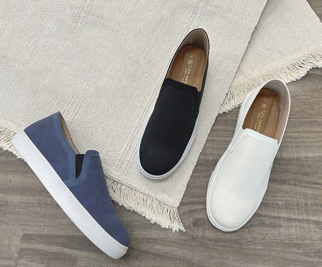 Japanese plain men's slip-on shoes-black/white/denim blue